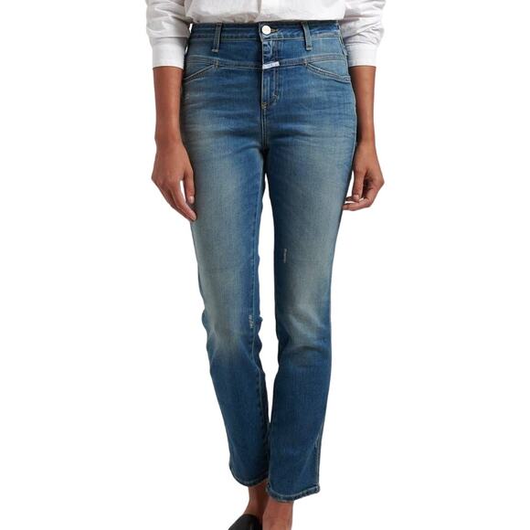 Closed NWT Skinny Pedal Pusher High Rise Jeans Mid Blue Size 24 Italy Distressed - Picture 1 of 12